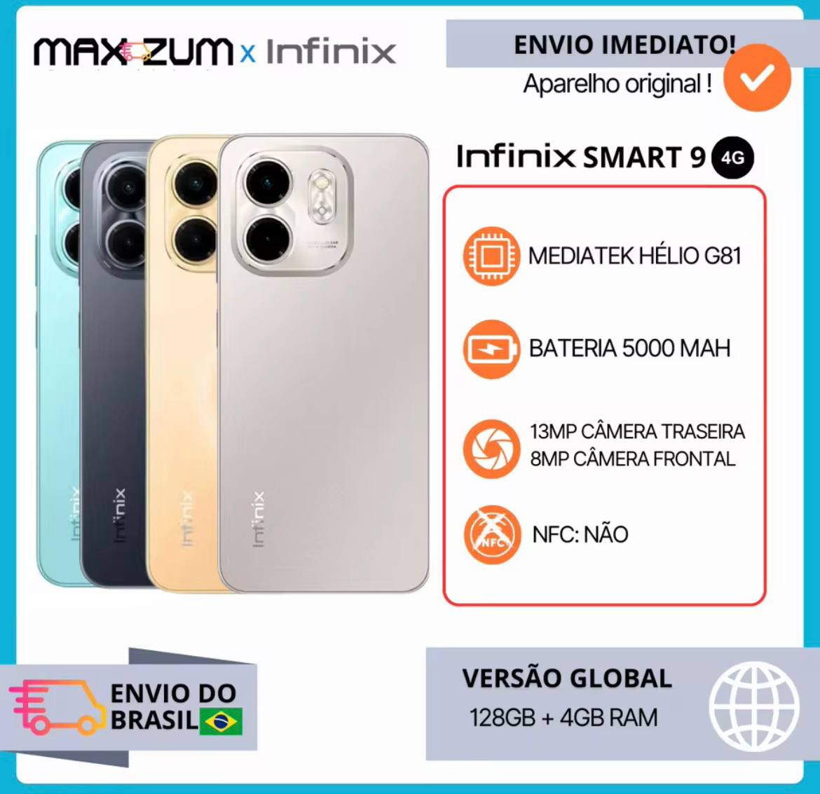 Smartphone Infinix 128GB + 4GB RAM – Bateria 5000mAh, Tela 6.7”, Câmera 13MP, Android 14